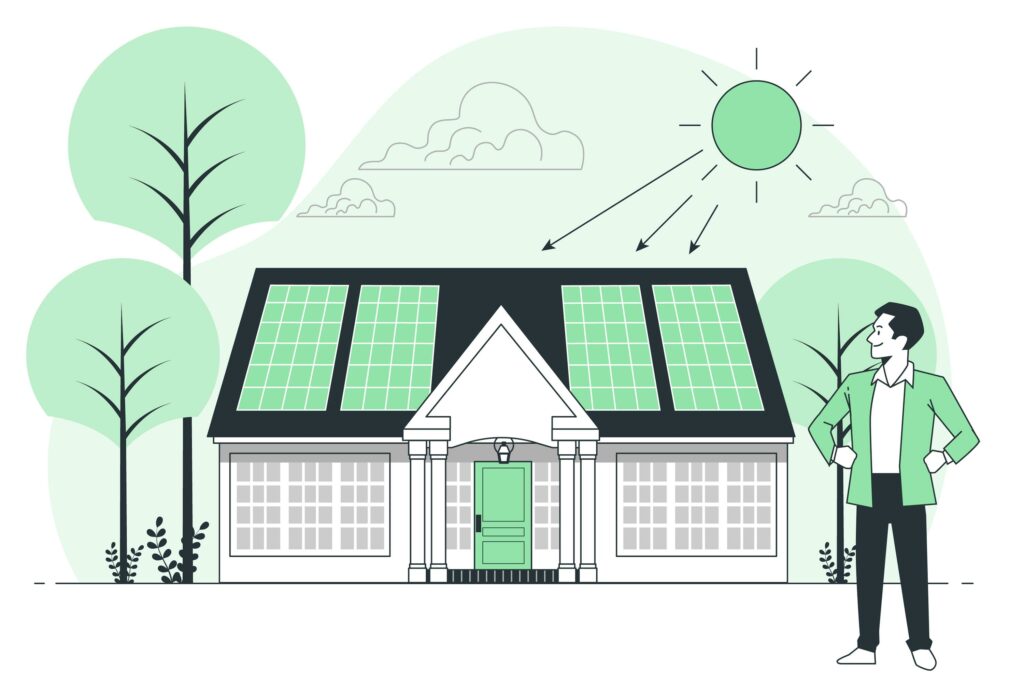 visuel aux couleurs vertes, montrant une maison avec des panneaux photovoltaiques et le soleil qui les alimente