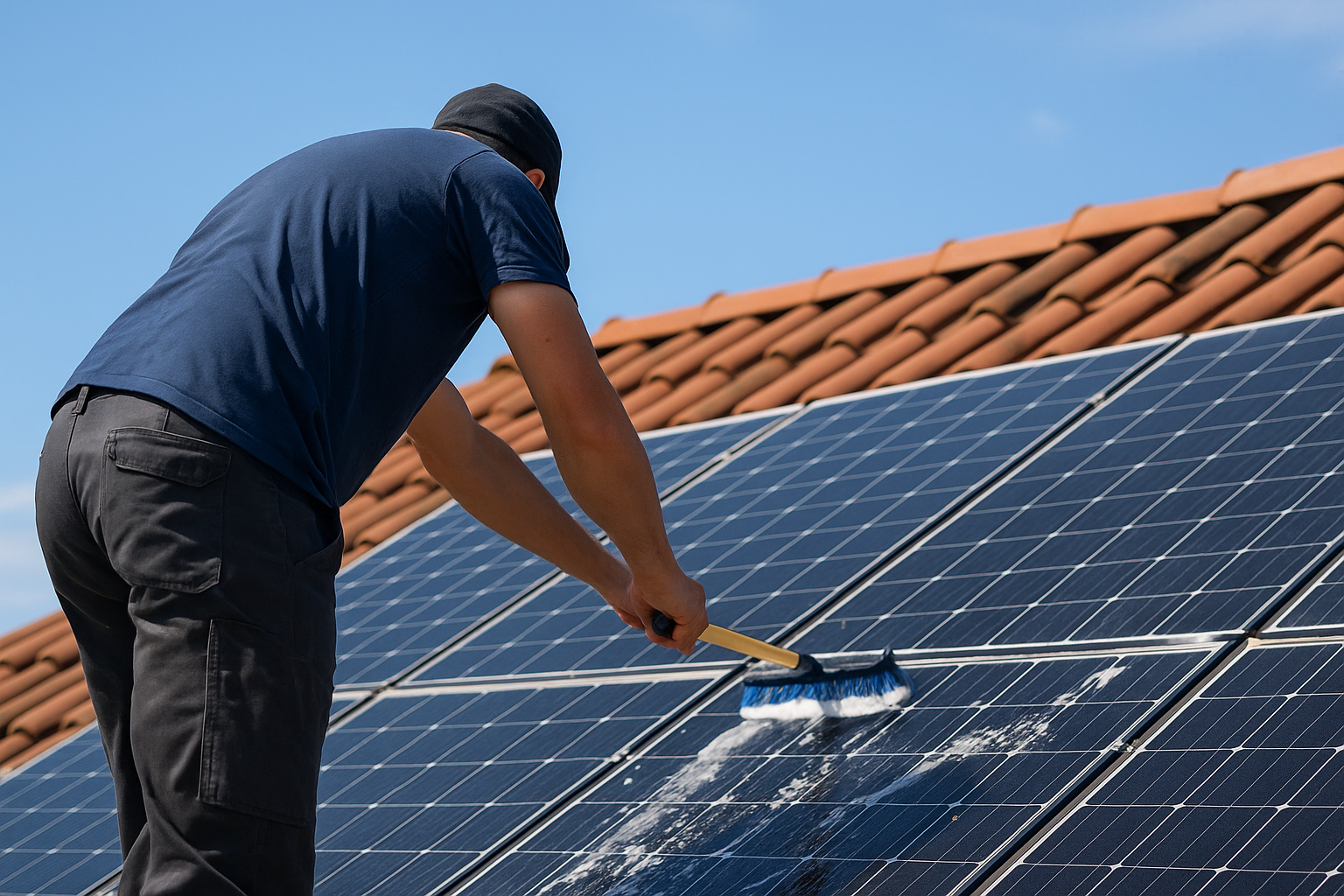homme nettoyant des panneaux solaires sur son toit